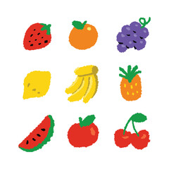 Colorful Fruit Illustrations Hand-Drawn Strawberry, Banana, Grape, and More