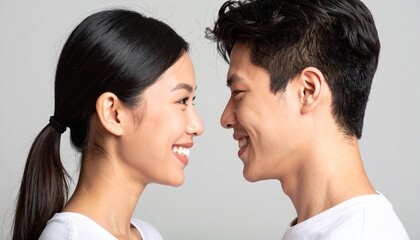 Asian Couple Gazing: An endearing portrait of an Asian couple sharing a loving gaze, their smiles reflecting affection and happiness in a captivating close-up.