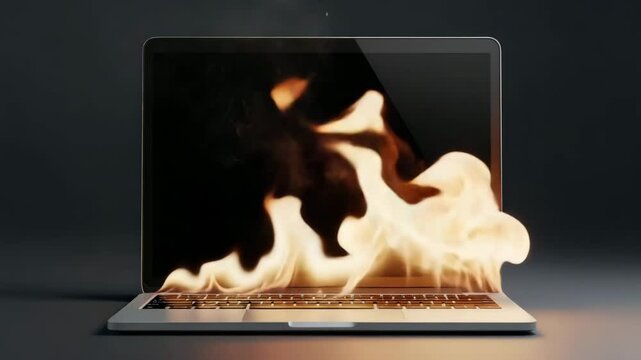 Laptop on fire. Concept of failure, stress, and burnout.