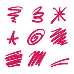 Collection of Hand-Drawn Abstract Shapes and Lines Pink Swirls, Scribbles, and Marks