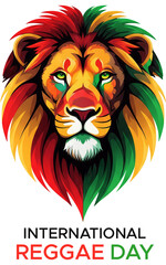 Lion head with colorful mane, representing the spirit of reggae and Rastafarian culture. Rasta Lion with Reggae Colors. Illustration for International Reggae Day