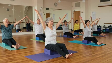 Group of older adults participating in a seated yoga class using props in a bright studio. Healthy aging, community fitness, mobility training, social wellbeing - Powered by Adobe