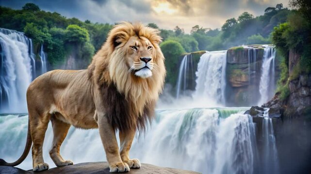 A majestic male lion stands proudly on a rocky outcrop, surveying its domain with a powerful gaze, set against the breathtaking backdrop of multiple cascading waterfalls and lush green foliage. 

