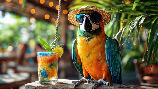 A vibrant macaw in a straw hat and sunglasses sits beside a tropical cocktail on a wooden surface