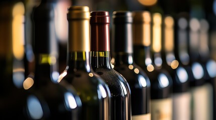 A row of wine bottles in focus, soft background blur; elegance and craftsmanship in every detail.