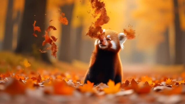 Title: Red Panda Playing with Autumn Leaves in the Forest