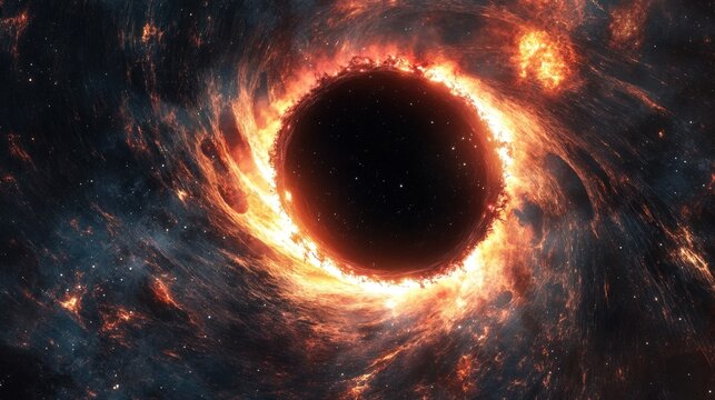 Fiery Black Hole Swirling in Space with Bright Orange and Yellow Accretion Disk