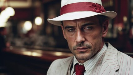 A serious man in a cream-colored pinstripe suit and a fedora with a red band looks directly at the camera, exuding a classic, sophisticated, and somewhat intense demeanor in a vintage-style setting.

 - Powered by Adobe