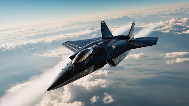 A sleek, black stealth fighter jet soars high above the clouds, showcasing advanced aerospace engineering and military technology against a vast sky.
