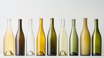 Elegant row of wine bottles, soft light enhancing textures, a refined display of sophistication and craftsmanship.
