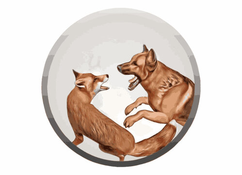 Canis Germanicus et coyote in conflictu naturali. Illustratio captat instinctus, vim, et tensionem bestiarum.
