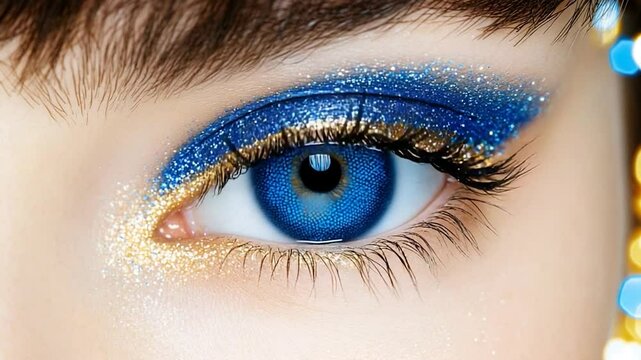 Stunning Blue Eye Makeup with Gold Glitter Accents: A Close-Up Macro Shot