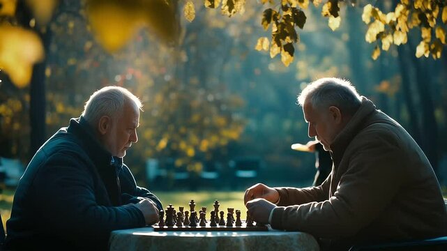 Two elderly men playing chess in a sunny park, intense conversation over their next move, dappled light through leafy trees