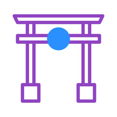 Stylized torii gate illustration with vibrant purple outlines and blue center
