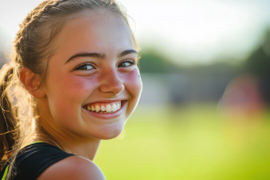 Smiling Female Fastpitch Softball Player in Uniform