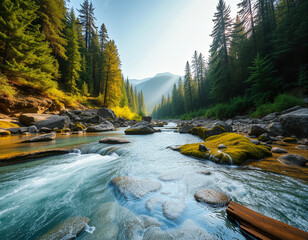 Clear river flowing from a mountain spring to a wide valley