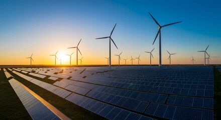 Sustainable Energy Wind Turbines and Solar Panels at Sunset