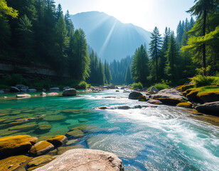 Clear river flowing from a mountain spring to a wide valley