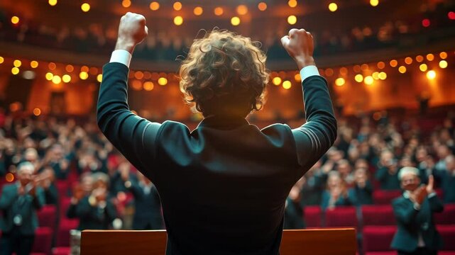 Triumphant conductor basks in thunderous applause from a large, appreciative audience in a grand concert hall