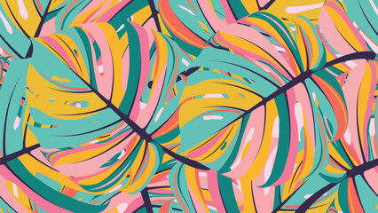 A colorful pattern featuring stylized tropical leaves, predominantly resembling Monstera deliciosa. The leaves are rendered in a modern, abstract style with overlapping layers of teal