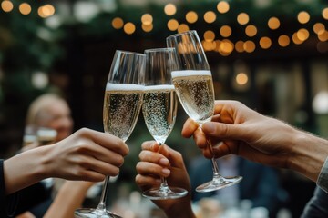 Group of business people raising champagne glasses in celebration