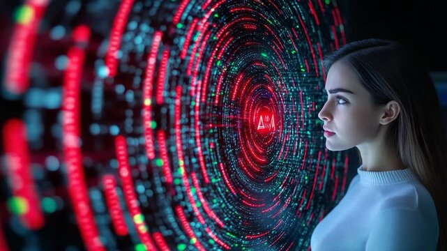 Woman Observing Futuristic Data Stream Interface