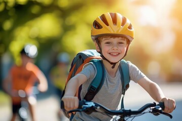 Happy boy rides bicycle with helmet and backpack on sunny day