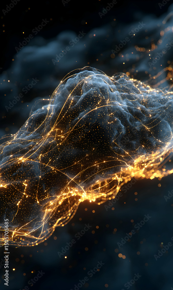 Poster abstract nebula with sparkling golden lines and glittering particles evoking cosmic network connecti