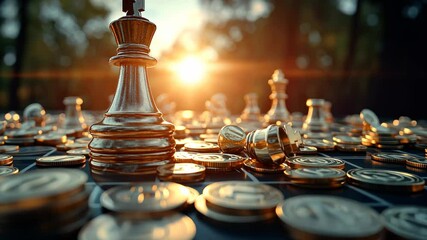 Golden chess pieces on a coin-covered board at sunset, symbolizing strategic investment and financial triumph