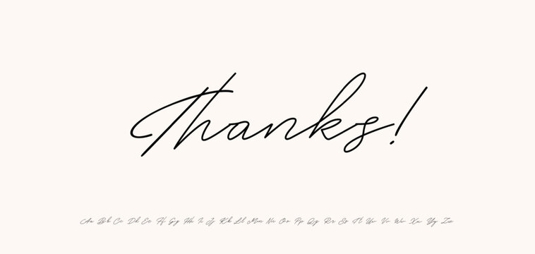Thanks in elegant modern calligraphy style. Handwritten cursive lettering perfect for wedding stationery, romantic notes, luxury brand visuals. Vector illustration.