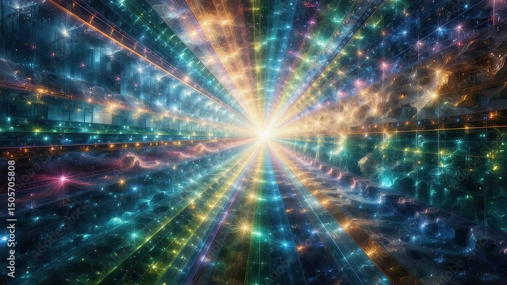 Poster vibrant light rays emanating from a central source in space