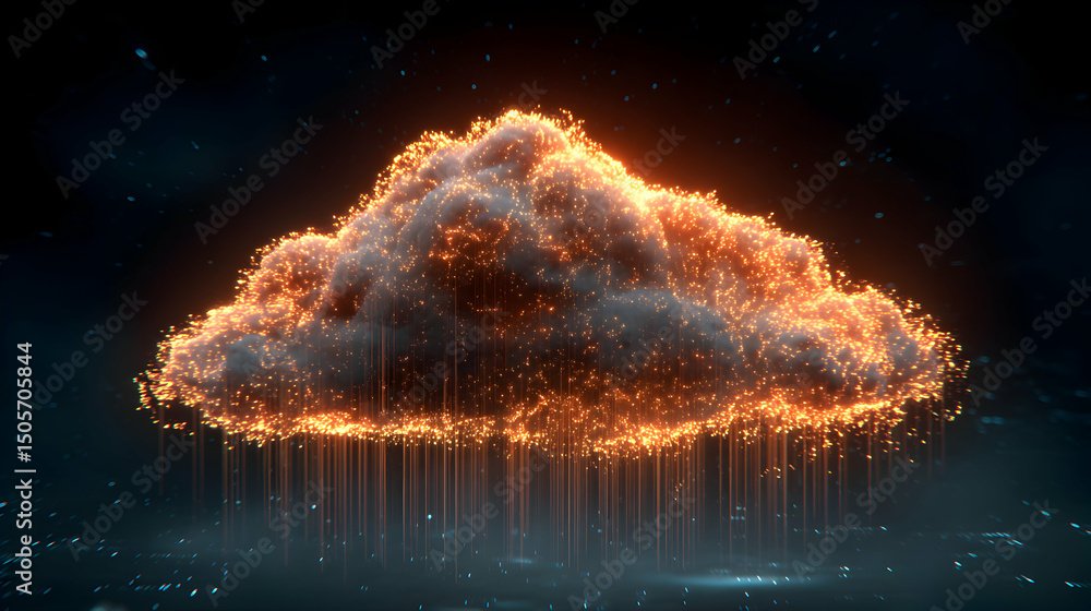 Poster digital cloud illuminated with orange light symbolizing cloud computing and data storage systems
