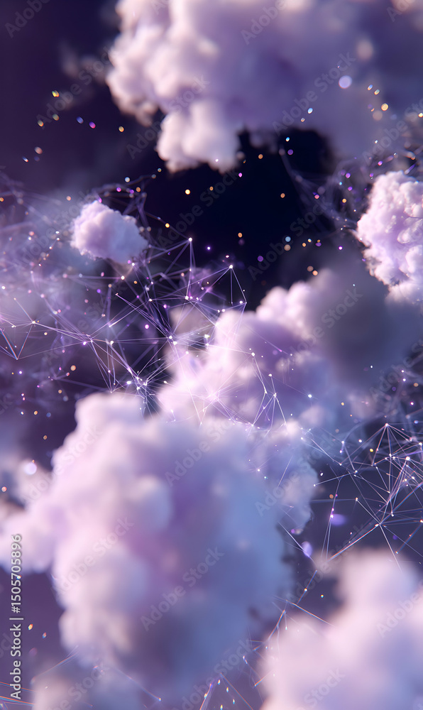 Poster dreamy cloudscape with interconnected network floating in the cosmos ethereal sky background design
