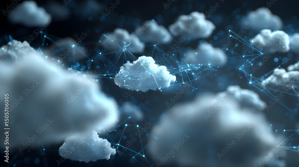 Poster abstract representation of cloud computing technology with interconnected networks showcasing modern
