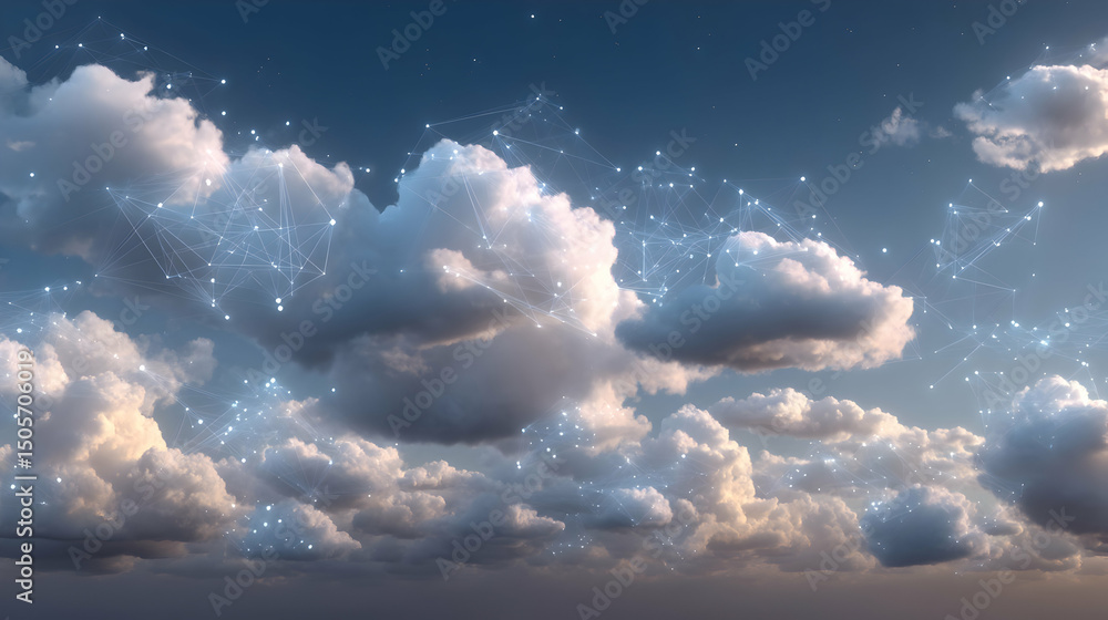 Poster ethereal cloudscape with interconnected network of lights evoking a sense of digital connectivity