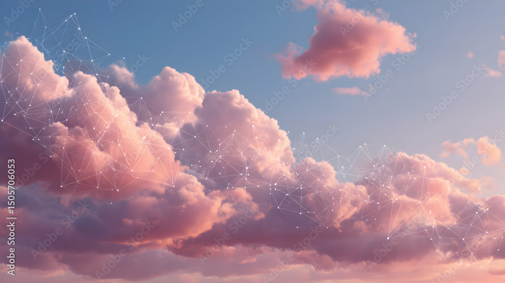 Poster digital transformation concept with networking over pink clouds in the sky during warm sunset light
