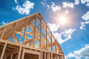 House under construction with wooden frame under blue sky