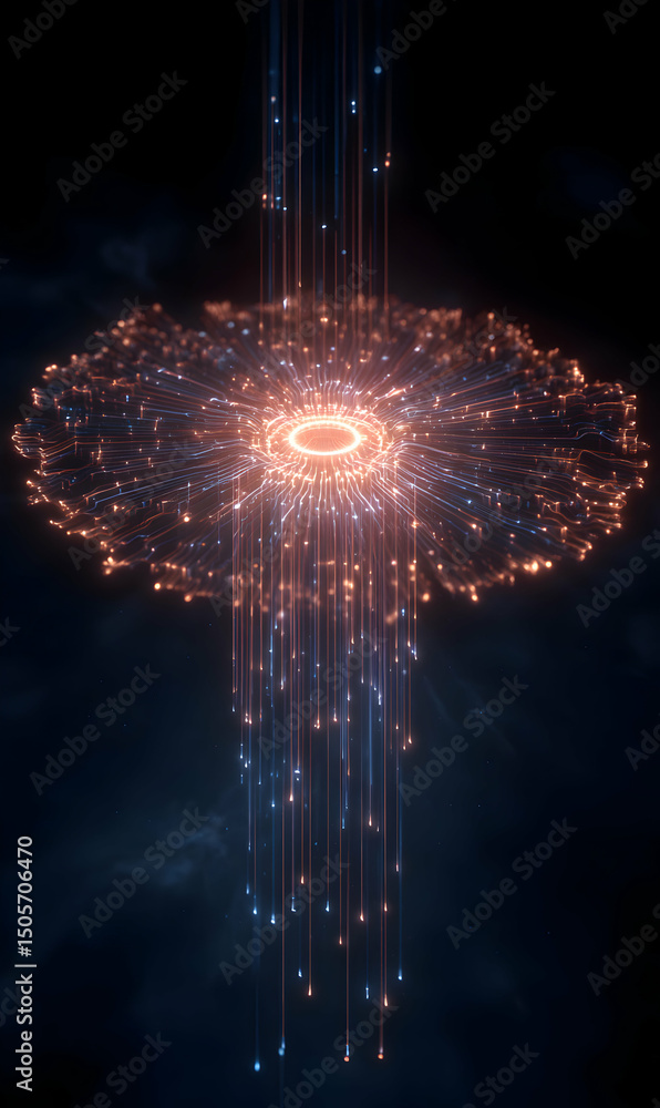 Poster abstract digital explosion artwork showcasing glowing particles and light streams emerging from a ce