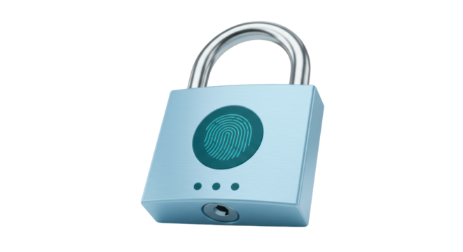 Isolated Light Blue Padlock with Integrated Fingerprint Scanner for Biometric Security