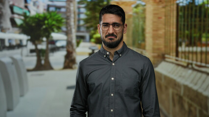 Young man with glasses posing outdoors in an urban setting, wearing a casual shirt, expressing...