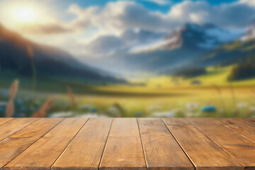 Empty wooden platform with copy space in front of a green meadow. Ideal for eco-friendly product placement, organic themes or nature-focused advertisements.