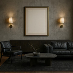 Vertical Poster Mockup with Twin Wall Lamps Sconces in Sophisticated and Tasteful Dark Living Room
