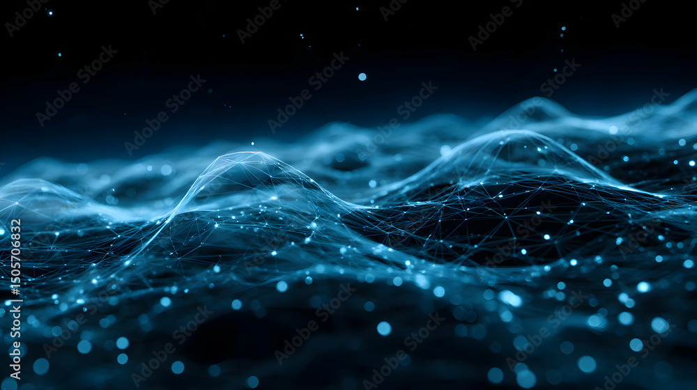 Poster abstract digital network wave glowing on dark background with connected dots and lines futuristic