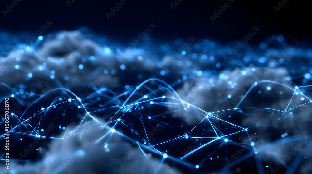 Poster abstract network technology with glowing lines and nodes connecting in a cloud environment backdrop