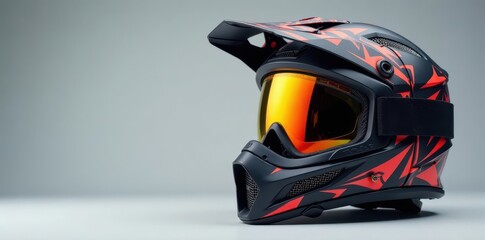 Close-up of helmet with mx goggles on grey studio background, adventure motorcycle, protective gear