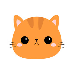 Cute orange cat face head round icon. Kawaii kitten, kitty. Cartoon funny baby character. Sad emotion. Sticker print. Flat design. White background. Isolated Vector illustration