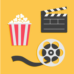 Movie reel Open clapper board Popcorn Cinema icon set. Movie time. Template for banners, cards, invitations. Simple flat design style. Yellow background. Isolated. Vector illustration