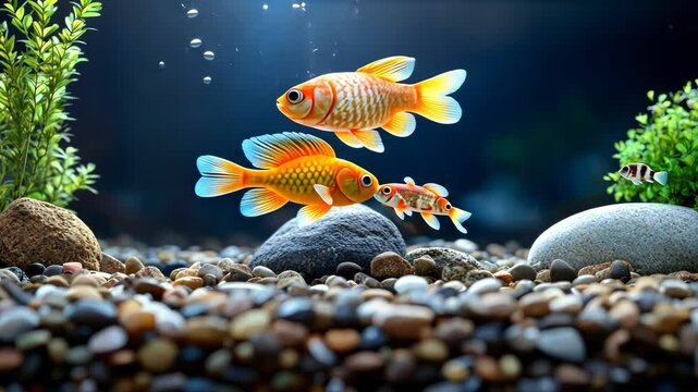 Vibrant goldfish and smaller fish swim amidst smooth stones and aquatic plants in a tranquil aquarium