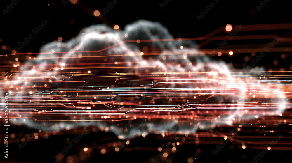Poster abstract network cloud computing concept with data streams flowing through a digital network backdro
