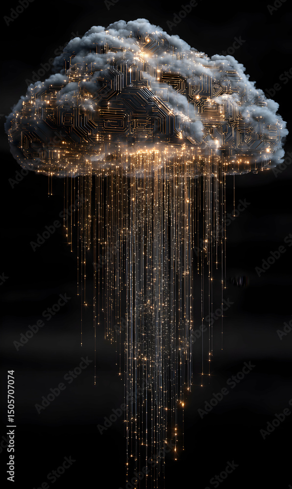 Poster data streams converging from a digital cloud representing global connectivity and information flow